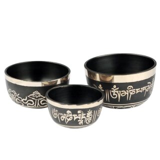 Set of 3 Zen singing bowls black with Tibetan motifs
